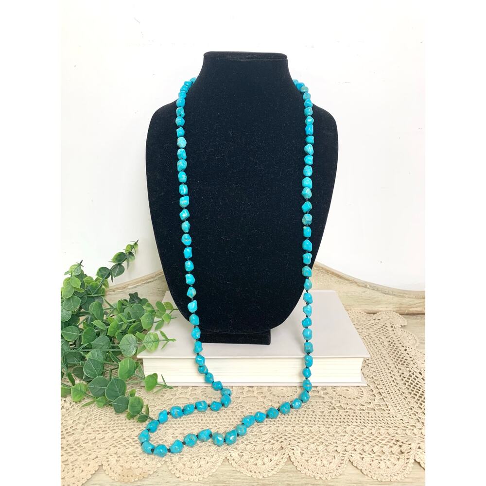 Blue Turquoise Nugget Beaded Necklace Long Vintage Southwestern Boho Jewelry 46"
